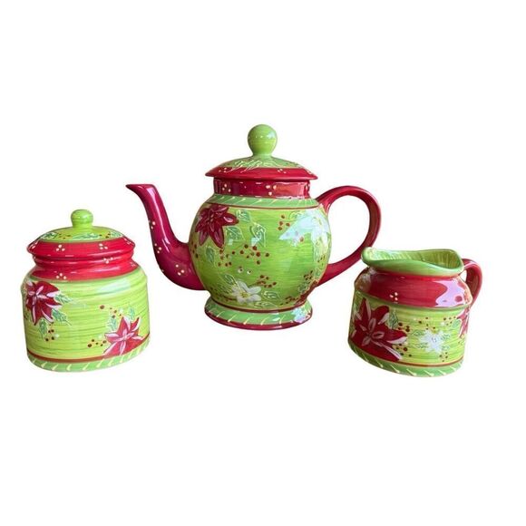 Holly Christmas 3 Pc Tea Set Romancing Provence Collections 2008 Creamer… - Picture 1 of 15